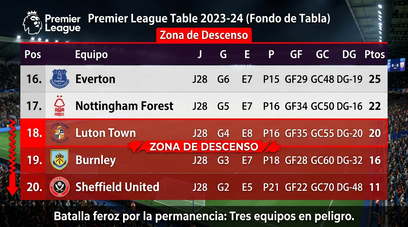 Zona baja de tabla de clasificación de fútbol inglés con equipos en posiciones de descenso
