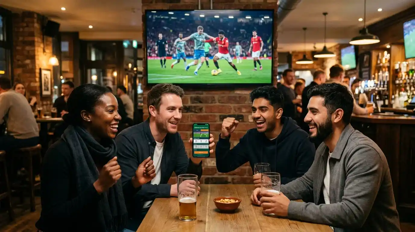 Aficionados siguiendo un partido de la Premier League en vivo mientras consultan apuestas en su movil