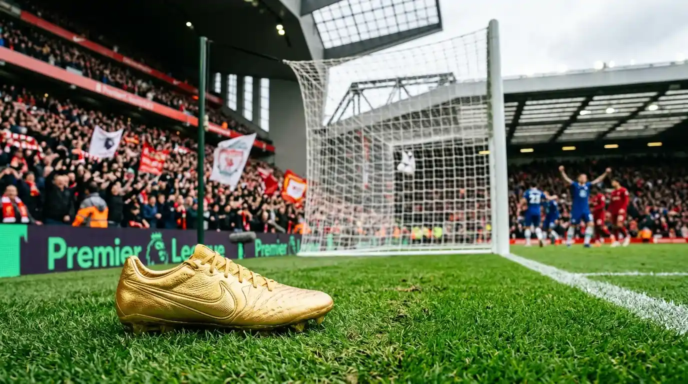 Bota de fútbol dorada sobre césped de estadio inglés con red de portería al fondo