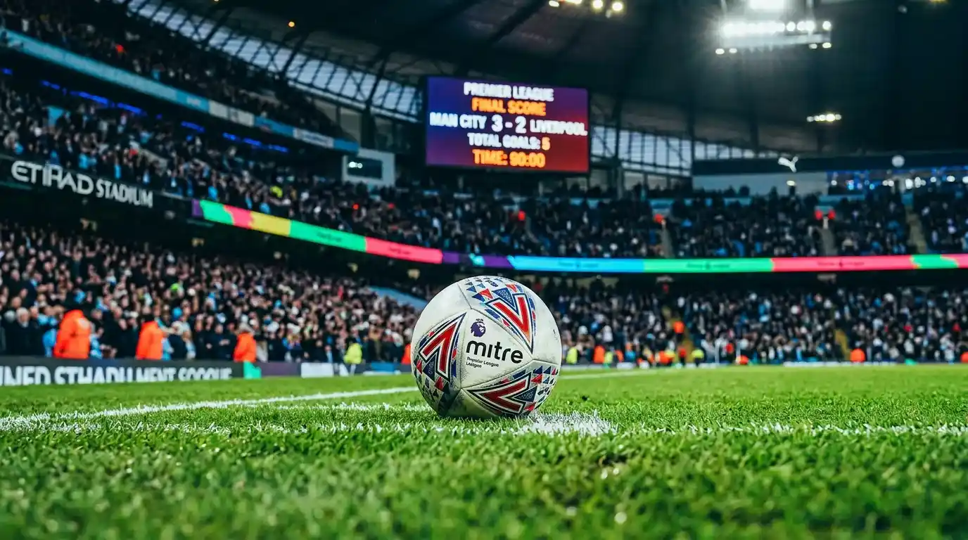 Balón de fútbol en césped de estadio de la Premier League con marcador digital mostrando goles