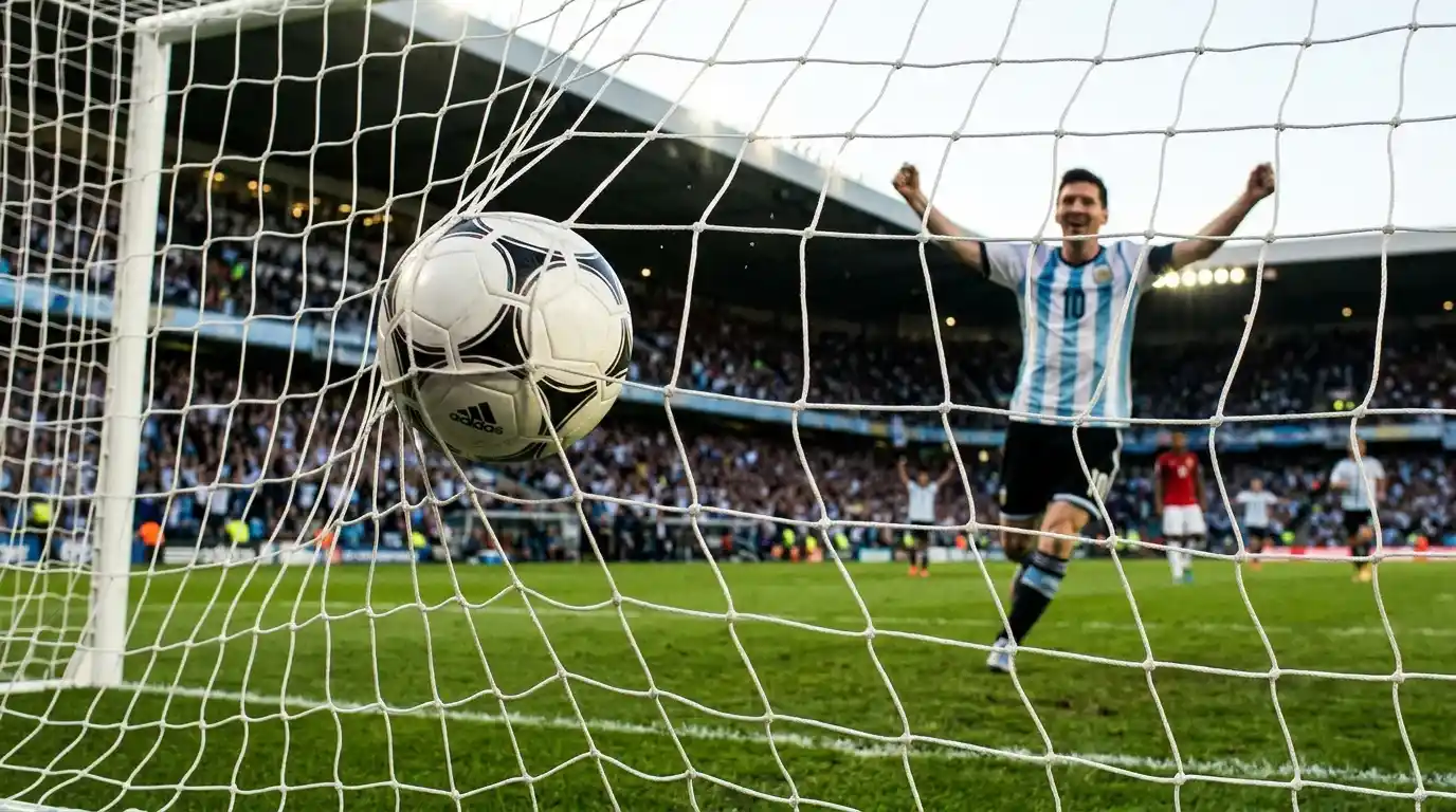 Balón de fútbol entrando en red de portería con jugador celebrando al fondo