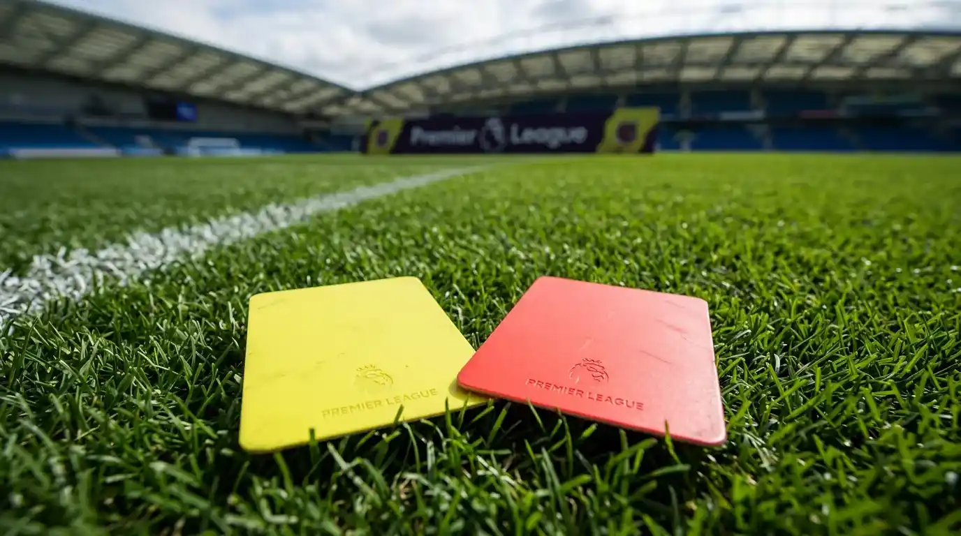 Tarjeta amarilla y tarjeta roja de árbitro sobre césped de campo de fútbol