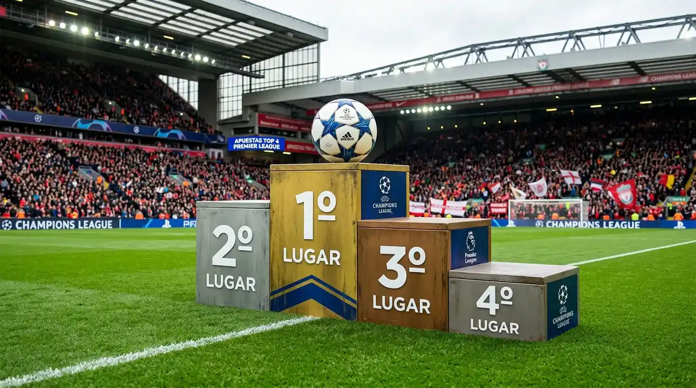 Podio con cuatro posiciones y balón de Champions League sobre césped de estadio inglés