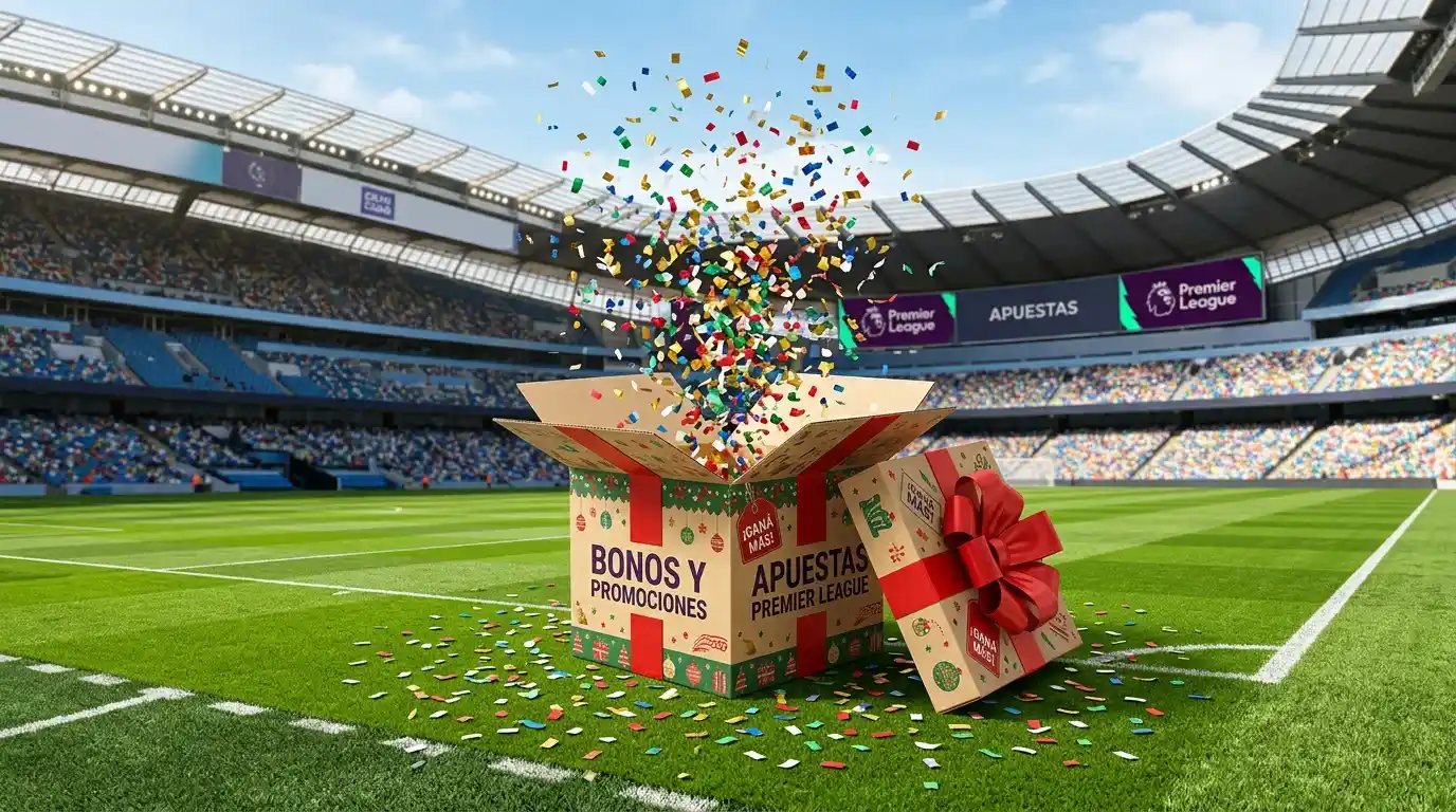 Caja de regalo abierta con confeti sobre césped de estadio de fútbol