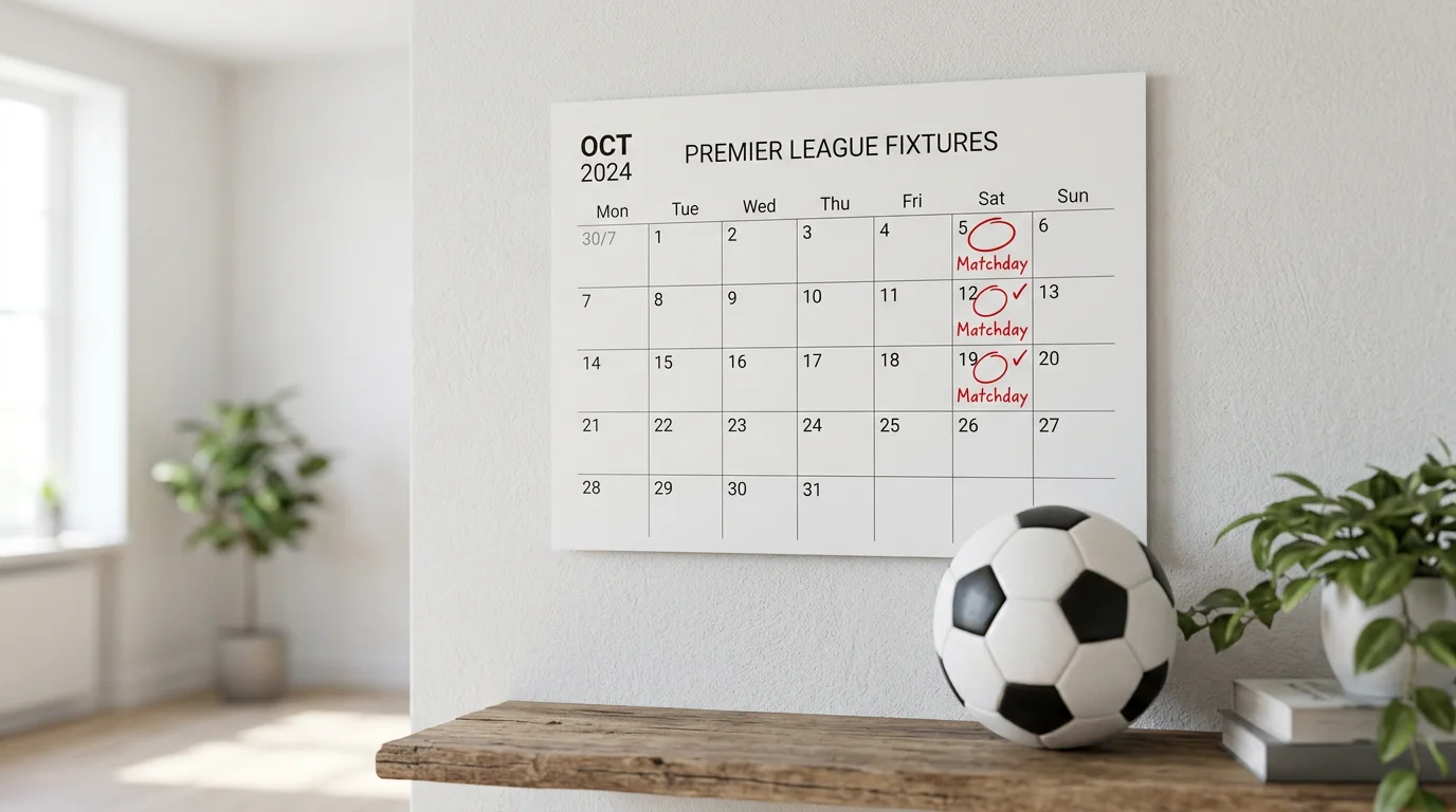 Calendario de pared con fechas marcadas y balón de fútbol junto a él