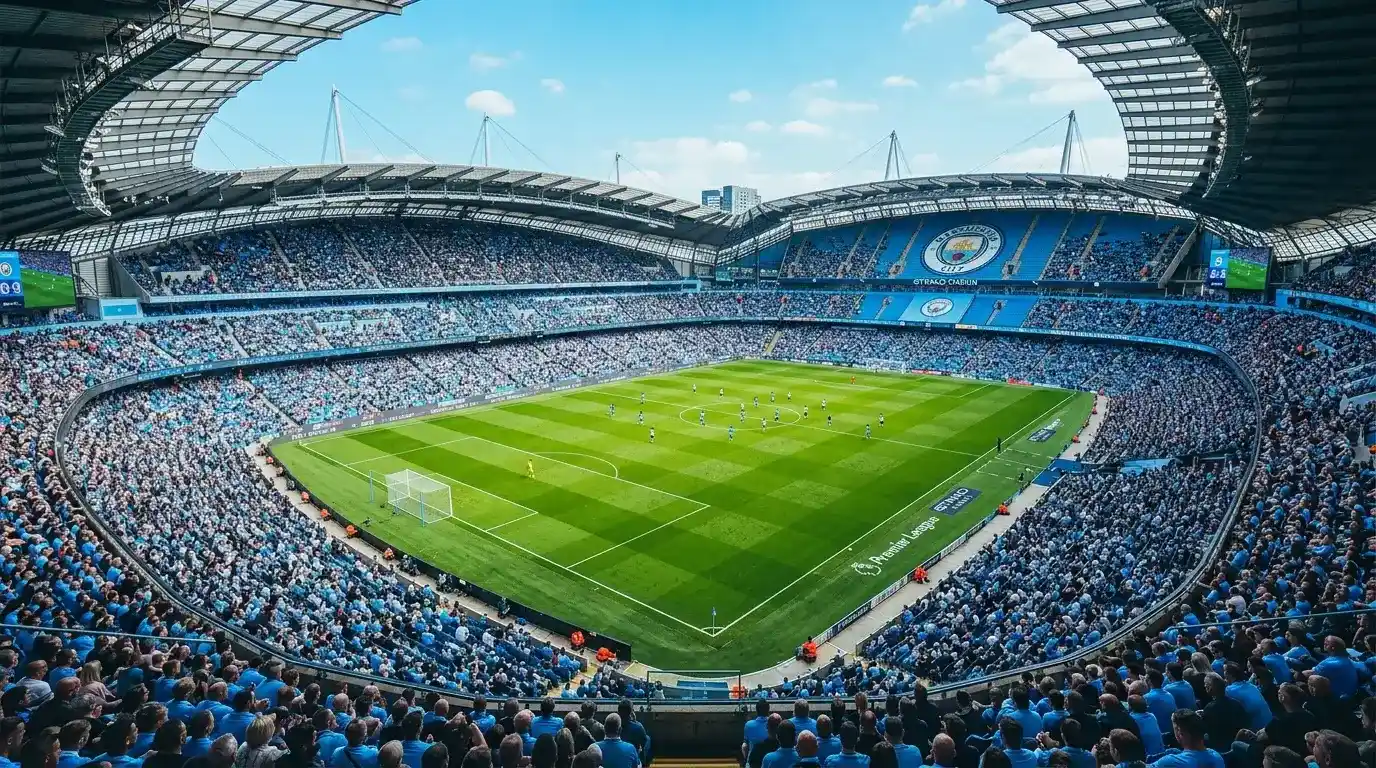 Estadio Etihad de Manchester con césped verde brillante y asientos azul cielo