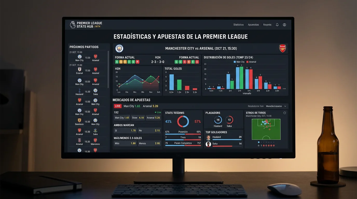 Pantalla de ordenador con gráficos estadísticos de fútbol y datos de partidos