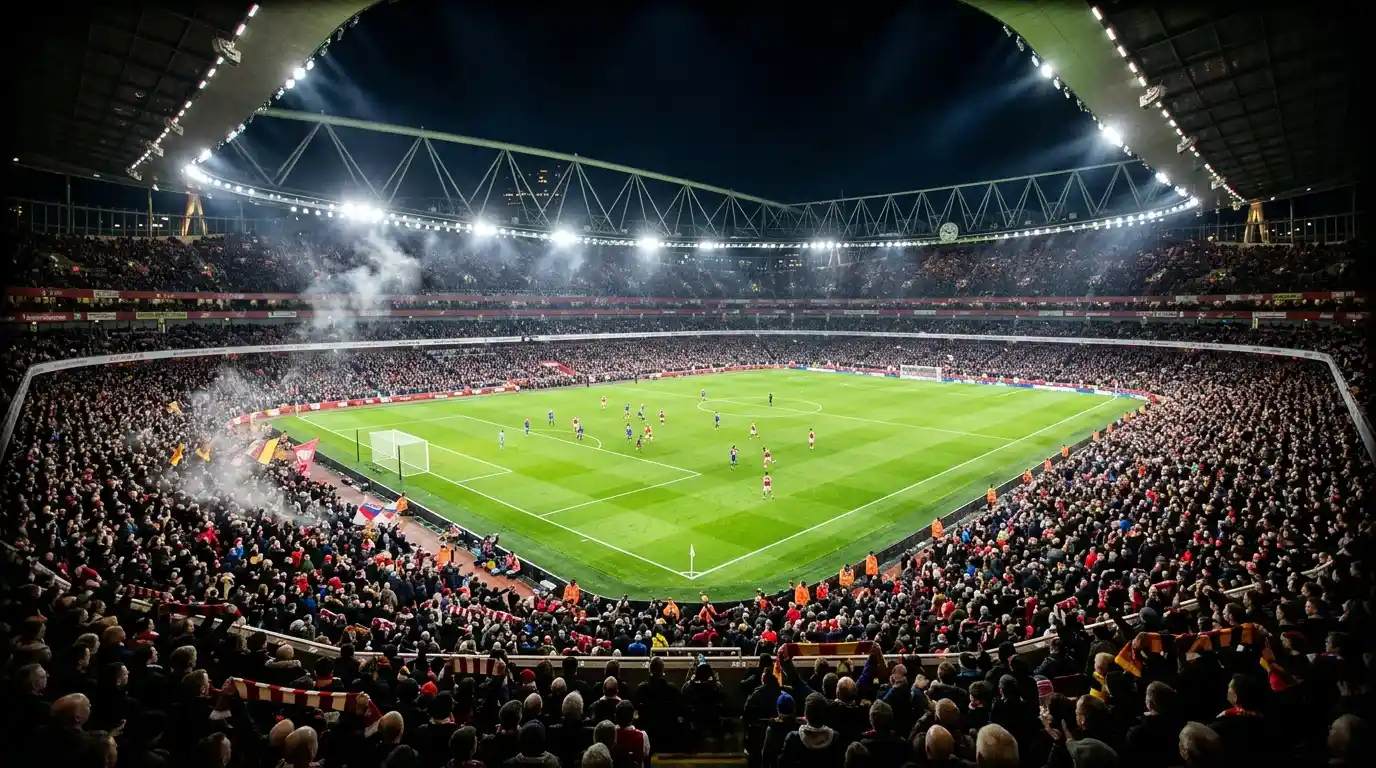 Estadio de la Premier League iluminado durante un partido nocturno