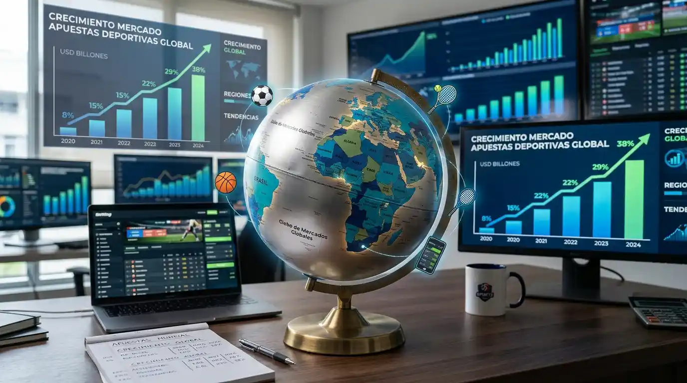 Globo terráqueo sobre escritorio con gráficos de crecimiento al fondo
