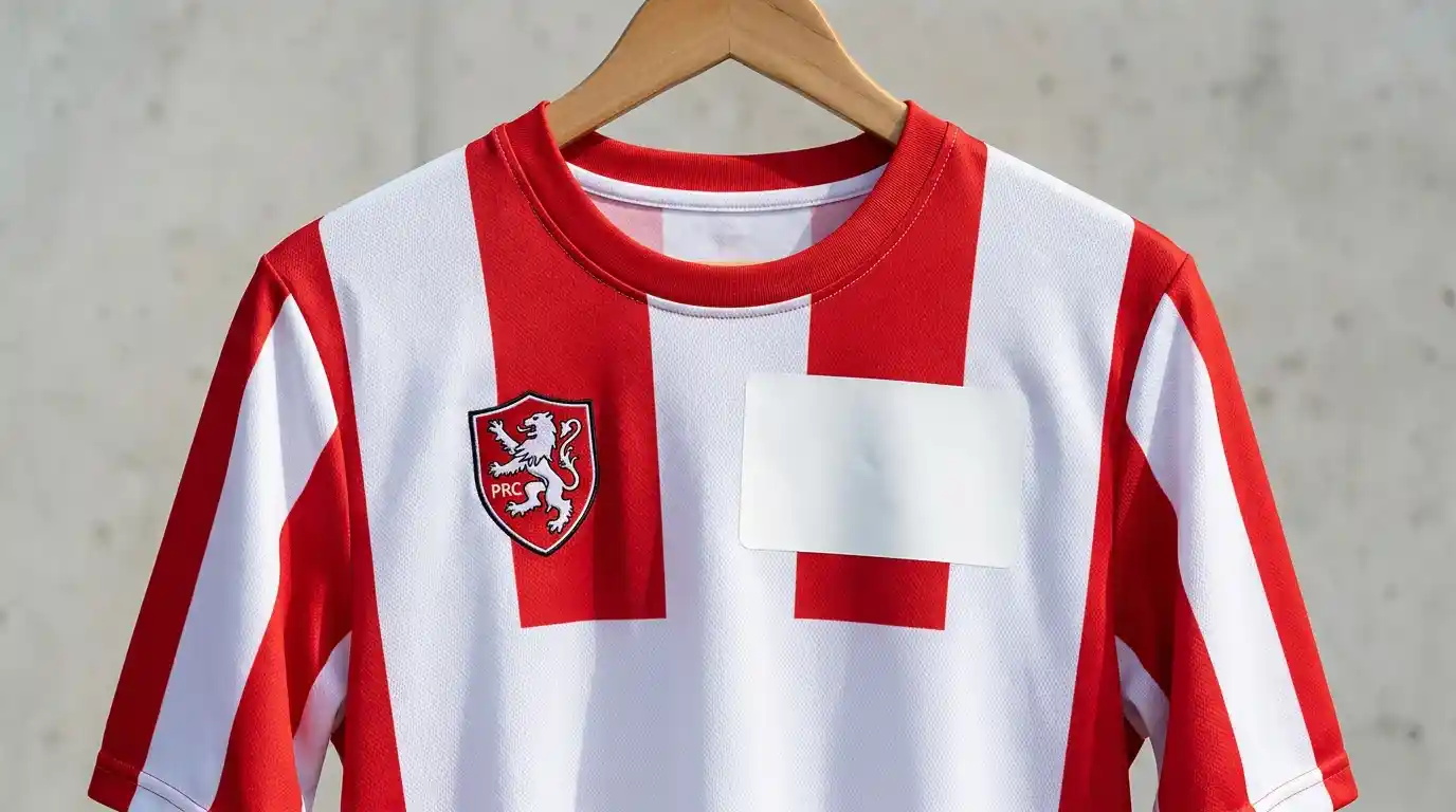 Camiseta de fútbol colgada en percha con espacio para logo de patrocinador