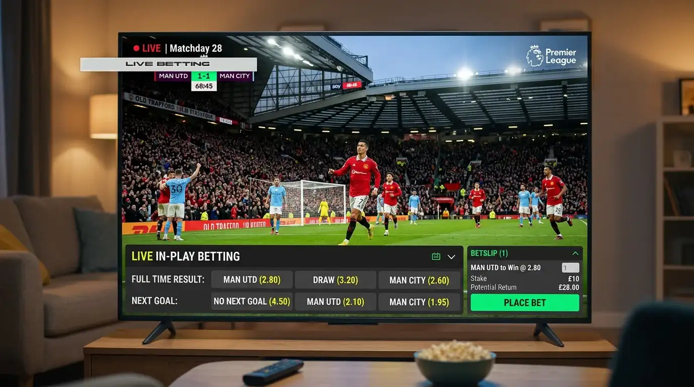 Pantalla de televisor mostrando partido de fútbol en directo con interfaz de streaming